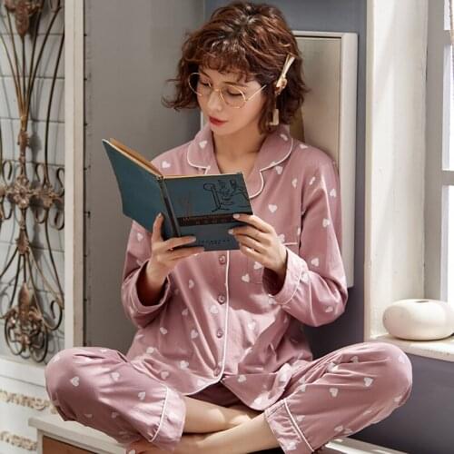 Pajamas WomenS Cotton Spring Autumn Long-Sleeved Ins Fashion Korean Style Loose Large Size Casual Sleep Set 2Pcs Nighties