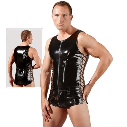 Sexy Lingerie GAY Mens Bondage Fetish Black Stretch PVC Look Latex Spandex jumpsuit Catsuit L932