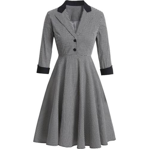 SISHION 50s 60s Retro Vintage Women Dress 3/4 Long Sleeve Casual Turn Down Collar Button Black Blue Plaid Elegant Dress VD1622