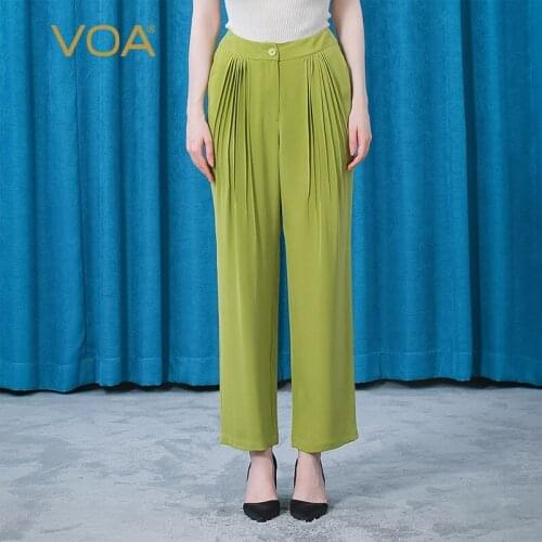 VOA Silk 30m/m Olive Green Natural Waist Three-dimensional Fold Pocket Loose and Refreshing Long Straight Pants for Woman KE503