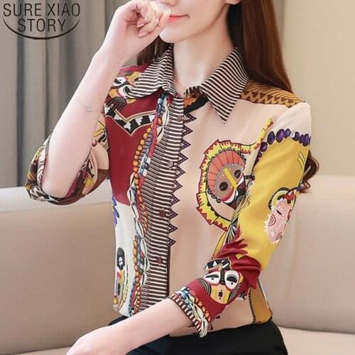 Chiffon Blouse for Women Tops Button Silk Shirt Blusas Mujer De Moda 2021 Autumn Print Turn-down Collar Womens Clothing 8427