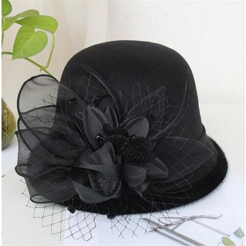 Tops Wool Vintage Warm Party Fedoras Hat With Floral Women Fashion Mesh Lady Winter Autumn Jazz Caps Beret Hair Accessories
