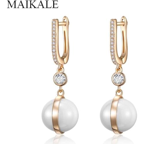 MAIKALE Luxury Ball Shape Black White Ceramic Long Earrings for Women Cubic Zirconia Hanging Drop Earrings Female Jewelry Gifts