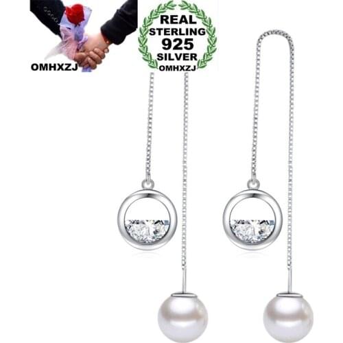 OMHXZJ Wholesale European Fashion Woman Girl Party Wedding Gift Round Pearl Zircon S925 Sterling Silver Earrings Ear Lines YS512