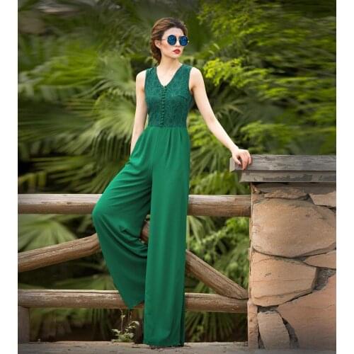 2020 Women Summer Jumpsuit High Street Rompers Chiffon Elegant Party Full Length Wide Leg Lace Jumpsuits Plus Size 3XL 4XL