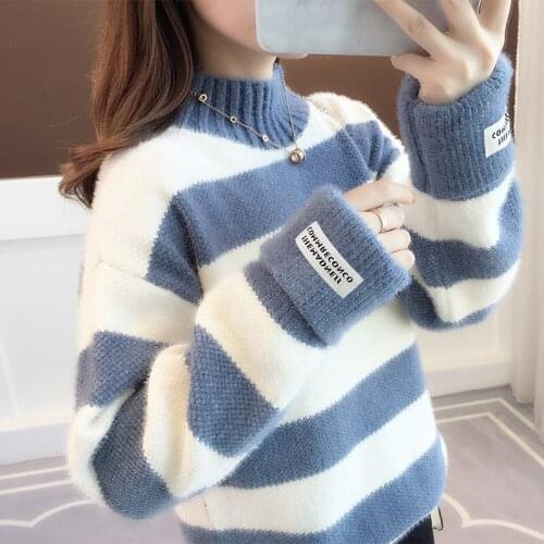 Striped Mink Sweater Women Autumn New Loose Winter Knitting Top 2020 Korean Slouchy Style Pullover Thickened Oversized Sweater