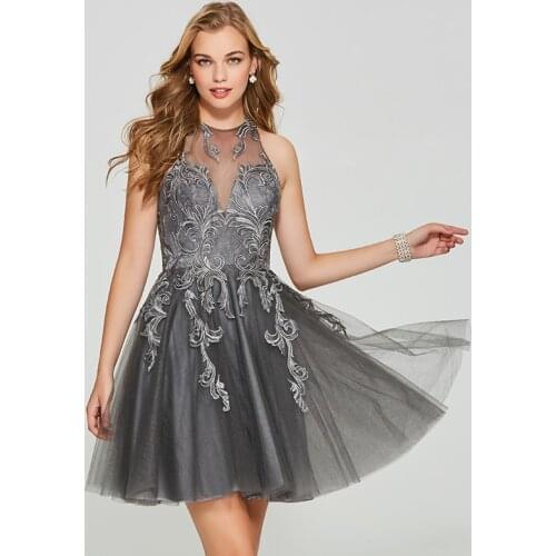Tanpell short homecoming dress gray lace appliques sleeveless above knee a line gown lady prom party customed homecoming dresses