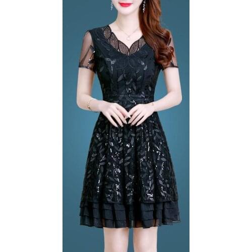 Summer Variety Of Styles Women New Fashion Printing High-End Temperament Slim Short-Sleeved Mesh Cocktail Dresses 9360