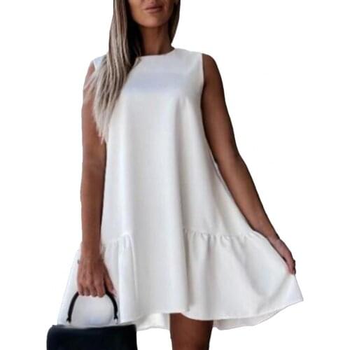 Plus Size Women Summer Dress Ruffle Solid Color Sleeveless Dress Lady O Neck Large Hem Skirt robe femme платье летнее женское