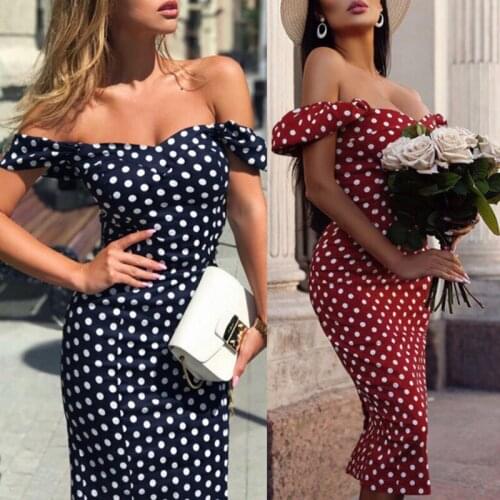 2020 Women Polka Dot Dress Off Shoulder Dress Boho Bodycon Ftl Slim Dresses Summer Beach Pencil Sundress