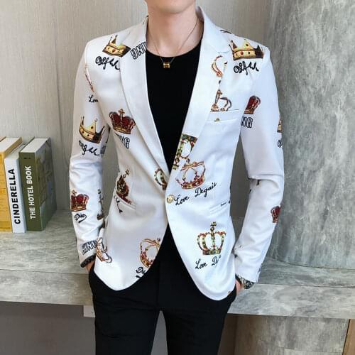 2021 Fashion New Mens Casual Boutique Business Crown Printing Blazers Coat / Male Slim Fit Suit Jacket