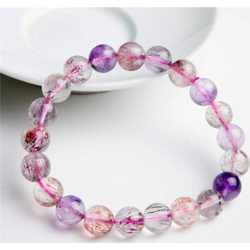 9mm Genuine Colorful Natural Super Seven Melody Stone Crystal Clear Round Bead Natural Rutilated Quartz Bracelet