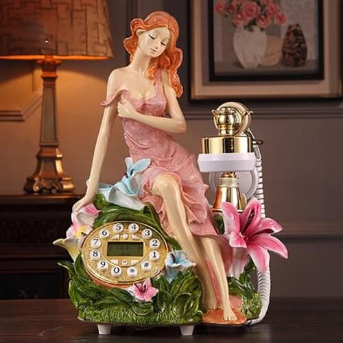 Antique Corded Telephone with Caller ID, Handsfree, Beautiful Girl Retro Decorative Phone Resin Telephone for Cafe Bar Home