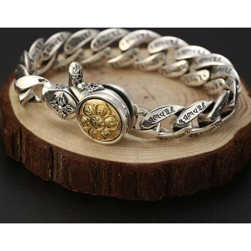 Pure 925 Sterling Siilver Tibetan Six Words Proveb Bracelet Buddhist OM Mani Padme Hum Vajra Bracelet Lucky Tibetan Man Bracelet