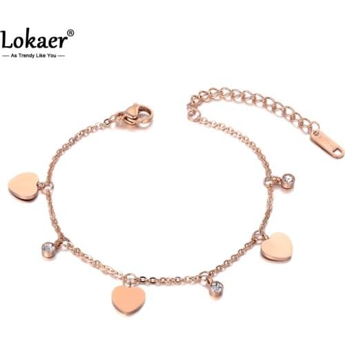 Lokaer Bohemia Love Heart Charm Anklet Foot Jewelry Rose Gold Color Stainless Steel CZ Crystal Anklets For Women Girls A19027