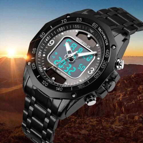 Mens Watches Solar Sports Digital Quartz Watch Men Clock Full Steel Waterproof LED Wrist Watch relogio masculino 2019 SKMEI