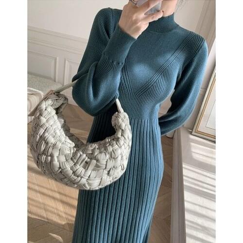 French design sense niche long section bottoming turtleneck sweater skirt blue knitted dress female autumn and winter