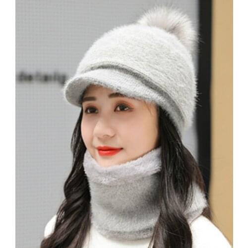 Hot Sale Female Winter Knitted Hats Suit Add Fur Lined Warm Winter Hats For Women Keep Warmer Pompoms Wool Hat