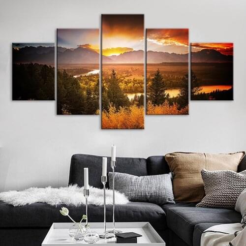 Canvas HD Printed Sunrise Painting Wall Art Forest Poster Home Decor Natural Landscape Living Room Modular Framework