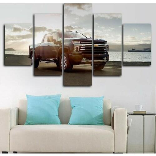 Car Truck Lakeside Scenery 5 Panel Canvas Picture Print Wall Art Canvas Painting Wall Decor for Living Room No Framed