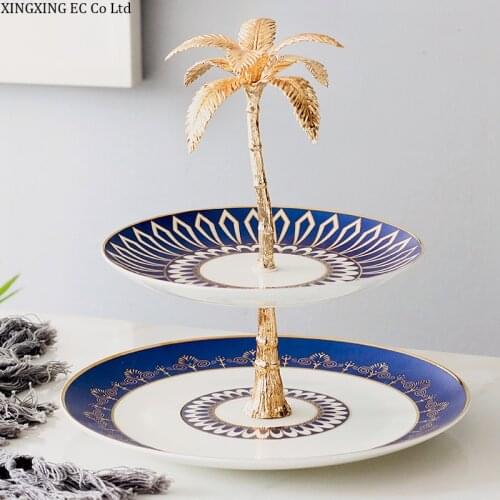 Ceramic Geometric Stripe Tray Phnom Penh Double Fruit Plate Living Room Cake Stand Household Round Dessert Snack Plate Tableware