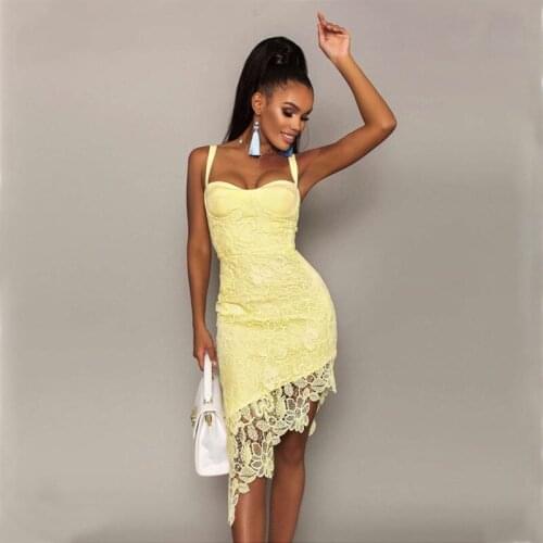 Lace Runway Dress 2020 Yellow White Straps Romantic Woman Office Street Fashion Asymmetric Summer Bodycon 2021