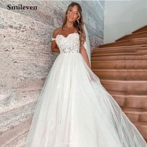 Smileven Lace Wedding Dress Off The Shoulder Puffy Tulle Bride Dresses A Line Elegant Lace Country Wedding Bridal Gowns 2020