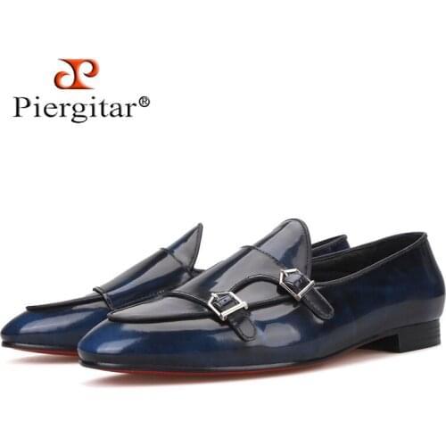 Piergitar handmade calfskin men dress shoes with metal buckle fashion party and wedding mens loafers smoking slippers plus size