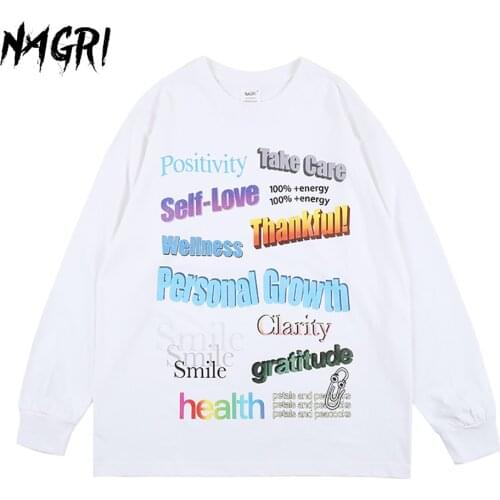 NAGRI Men Hip Hop Letter Print Pullover Streetwear Long Sleeve T-shirt Punk Tee Casual Loose Summer Autumn Winter
