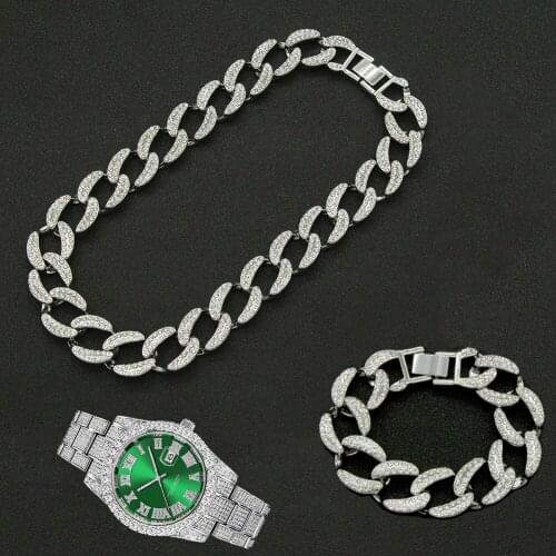 Hip Hop 3pcs Kit 19MM Full Iced Out Paved Rhinestone Choker Cuban Rapper Necklace+Watch+Bracelet For Men Women Charm Jewelry