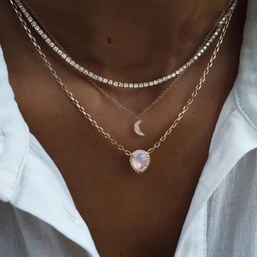 Boho Fashion Crystal Moon Water Drop Geometry Pendant Necklaces For Women Vintage Gold Necklace Multilayer Female Jewelry Gift