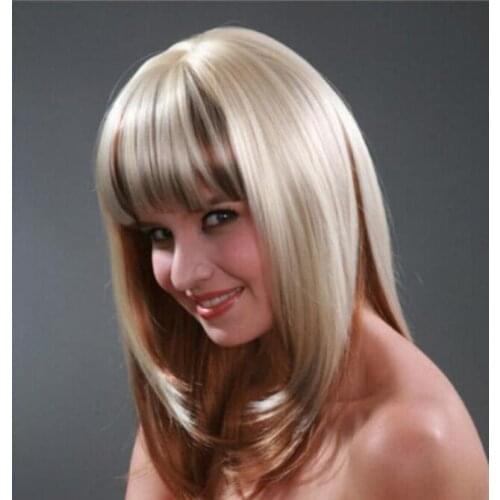 Wig Light Blonde & Brown Mix Medium Straight bangs women Hair wig