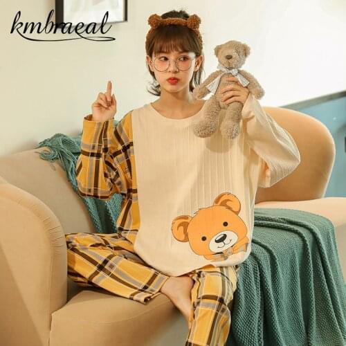 Sleepwear Womens Spring Autumn Long Sleeve Pure Cotton Pajama Set Loose Nightwear Cartoon Leisurewear Household To Take 2 Piece