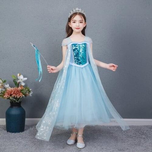 Girls Blue Lace Short Sleeve Sequinned Mesh Party Dress Children Cosplay Clothing Snow Queen Dressing Grown Wands 2-10T