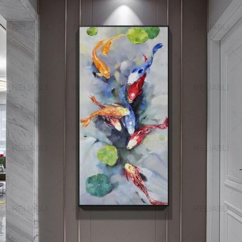 Koi Fish Lotus Poster Oil Painting Printed on Canvas Modern Abstract Fish Wall Art Pictures for Gallery Living Room Home Decor