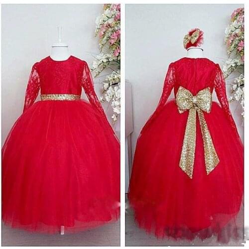 Real Photos Long Sleeve Lace Princess Ball Gowns Puffy Red Girls Celebrity Gowns With Golden Waistband Custom