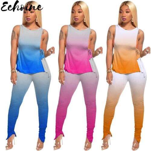 Sexy Gradient Women Set Two Pieces Set Tracksuit Casual Loose Crop Top Stacked Flare Jogger Sweatpant Suit Outfit Matching Set