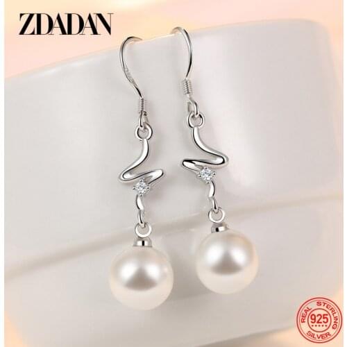 ZDADAN 925 Sterling Silver Long Pearl Cz Drop Earrings For Women Fashion Wedding Party Jewelry Gift