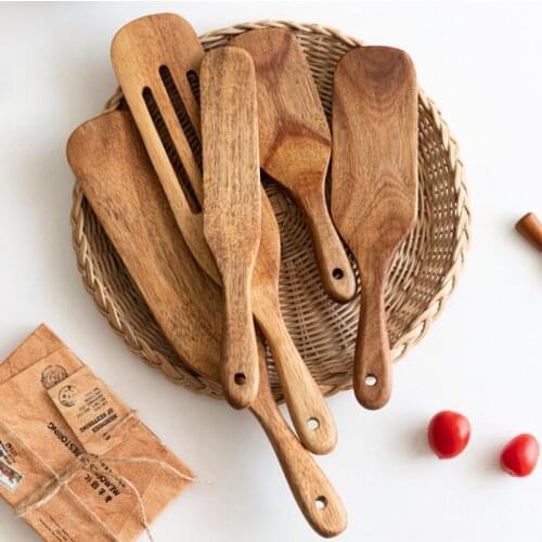 Natural Teak Wood Spatula Set for Pizza/Steak/Dessert/Pancake Sauce Spreading Heat Resistant and Safe Slotted Shovel 5pcs Turner