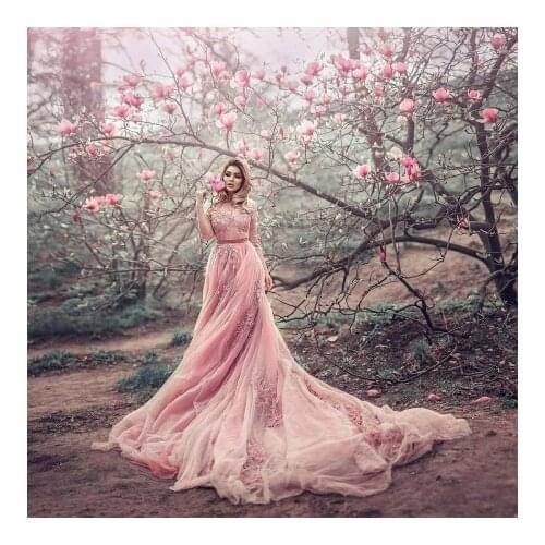 Floral Tulle Pregnancy Photo Shoot Dresses With long Train Long Sleeves Soft Tulle Lace Appliques Plus Size Maternity Gown