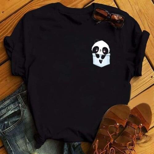 Women Graphic Cartoon Panda Pocket Printed Tshirt Casual Trend Short Sleeve Lady Clothes Tops Clothing Tees Female T-Shirt