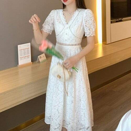 Womens Summer New Products Chic French Hollow Lace Skirt Fashion Temperament Gentle and Elegant Dress