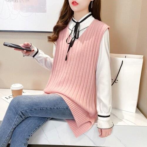 V Neck Knitted Vest Sweater Sleeveless Women Solid Casual Pullover 2021 Autumn Winter Pink Jumper Fashion Vests Waistcoat Y671