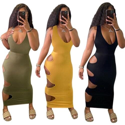 Sexy Tank V Neck Summer Dress Sleeveless Hollow out Long Dresses for Women 2021 Clubwear Bodycon Sundresses Solid Color Clothing