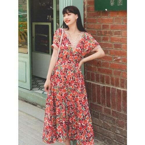 Summer New Womens Ins Net Red Same-Style Printed Dress Bohemian Travel Vacation Beach Dress Retro Floral v-Neck Slim Long Dress
