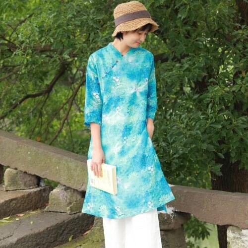 Johnature Women Chinese Style Dresses Print Floral Ramie Three Quarter Sleeve Dress 2021 Summer New V-Neck Vintage Loose Dress