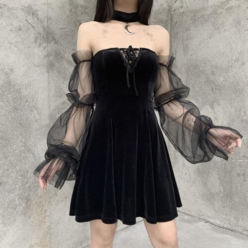 Gothic Vintage Summer Sexy Lace Long Sleeve Up Black Dress Drawstring Mini Dress Women Harajuku High Waist Party Dress