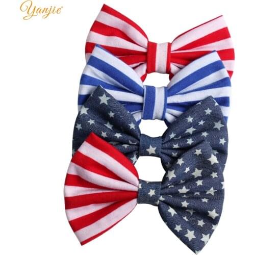 12pcs/lot 2020 New July 4th Girls 5'' Striped Cotton/Denim Hair Bow Kids Barrette DIY Hair Accessories For Kids Hair Clip