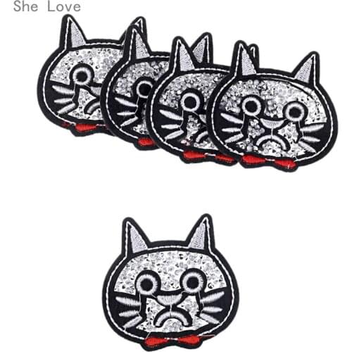 Chzimade 5pcs Funny Cat Face Patch Gothic Embroidered Applique Beaded Patch For Clothing Bags Dress Appliques