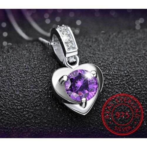 925 Sterling Silver White/Purple Zirconia Heart Shape Pendant Necklace For Women Gift 45cm Link Chain choker collares S-N132